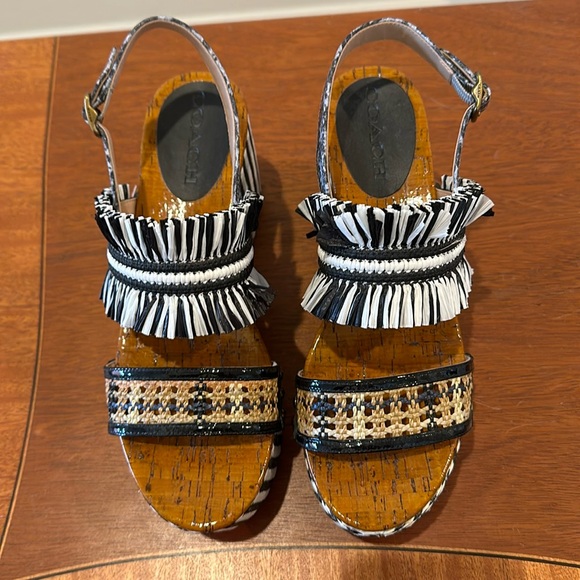 Coach raffia-adorned platform Nita Sandal mixed media like new! - Picture 2 of 12